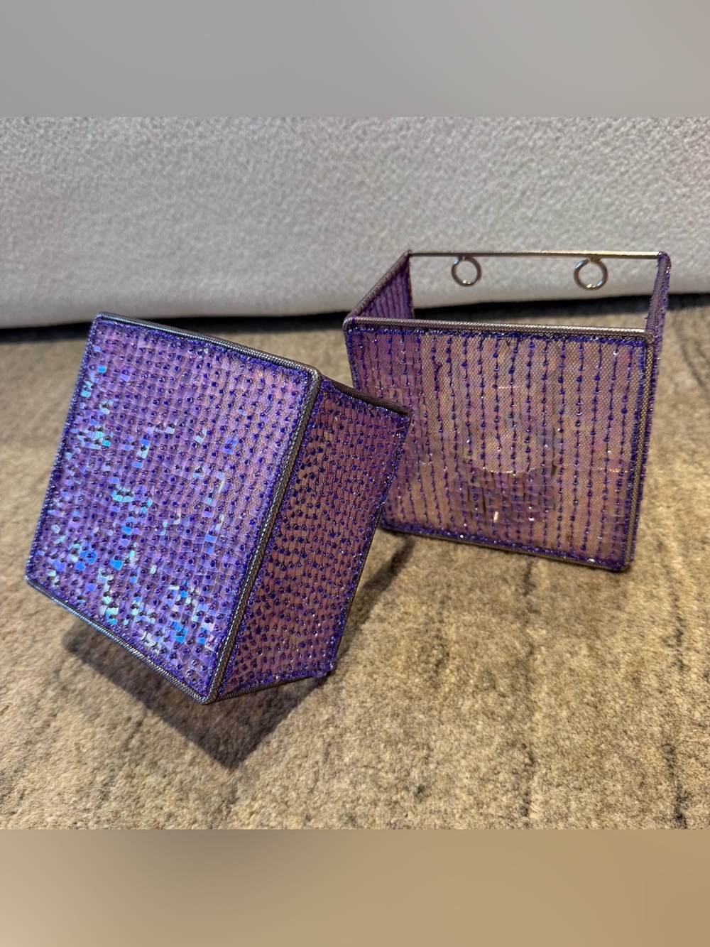 Y2K Purple Beaded Sequins Tea light Votive Candle Holder Set of 2 Sconces